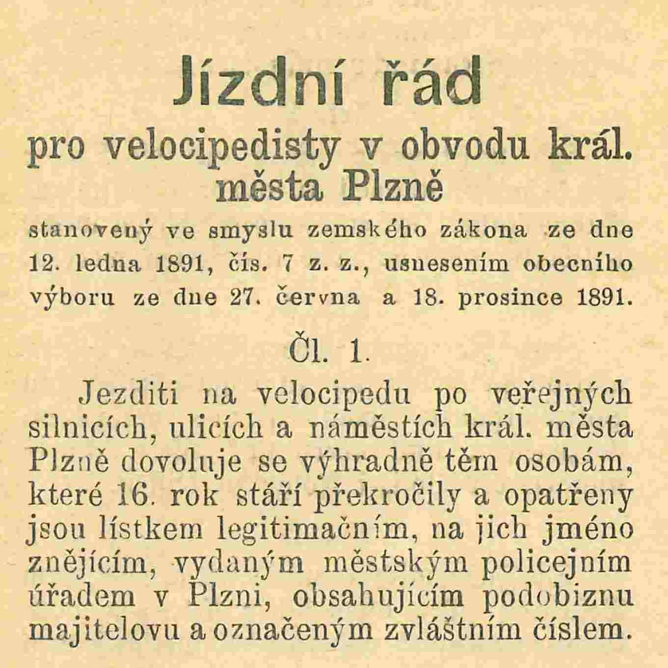 Legitimace s jízdním řádem pro cyklisty v Plzni z roku 1894